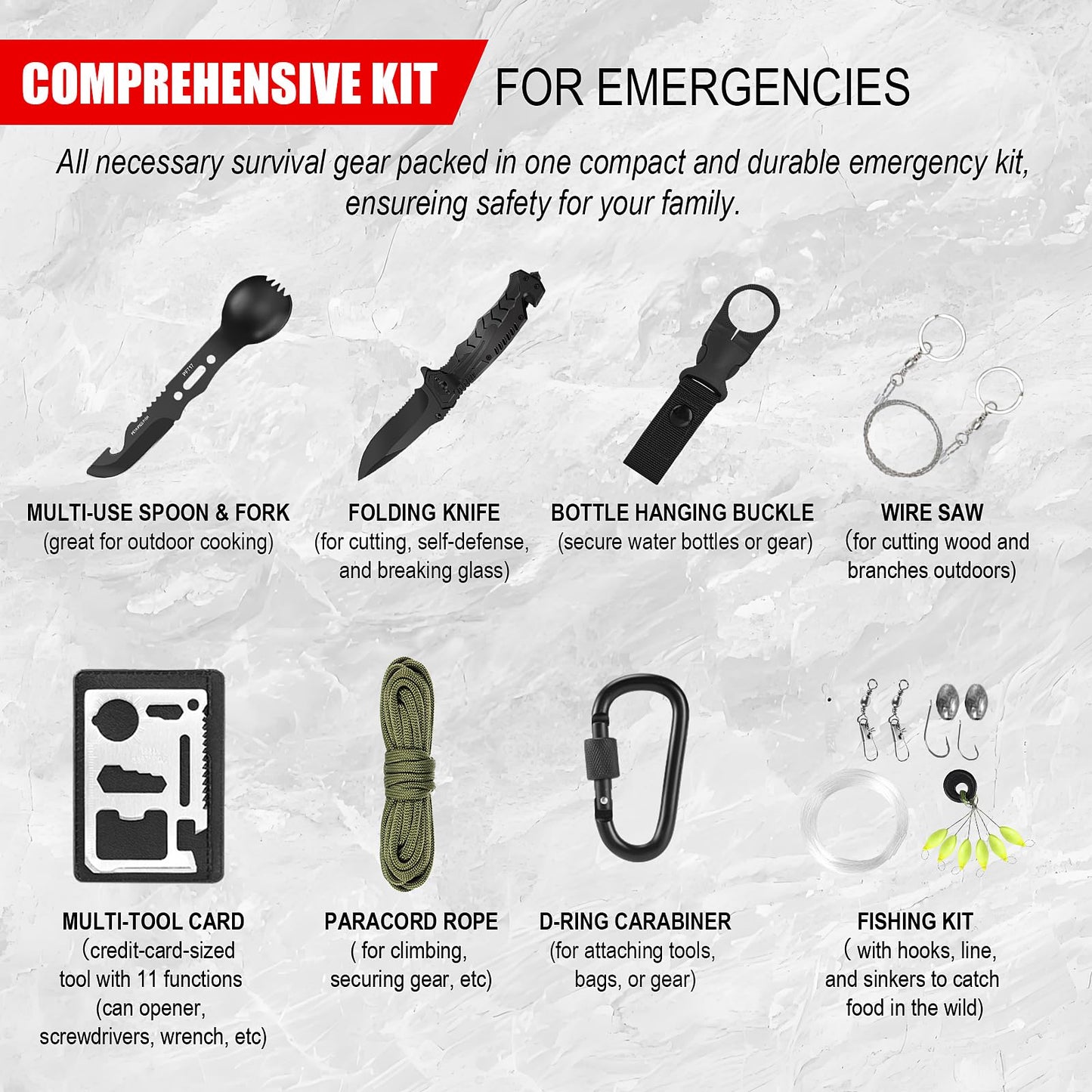 146Pcs Survival First Aid Kit, Car Emergency Trauma Kit with Military Grade Survival Tools, Medical Supplies & Fishing Gear, for Camping, Travel, Earthquake, Gifts for Men & Women Outdoor Adventures