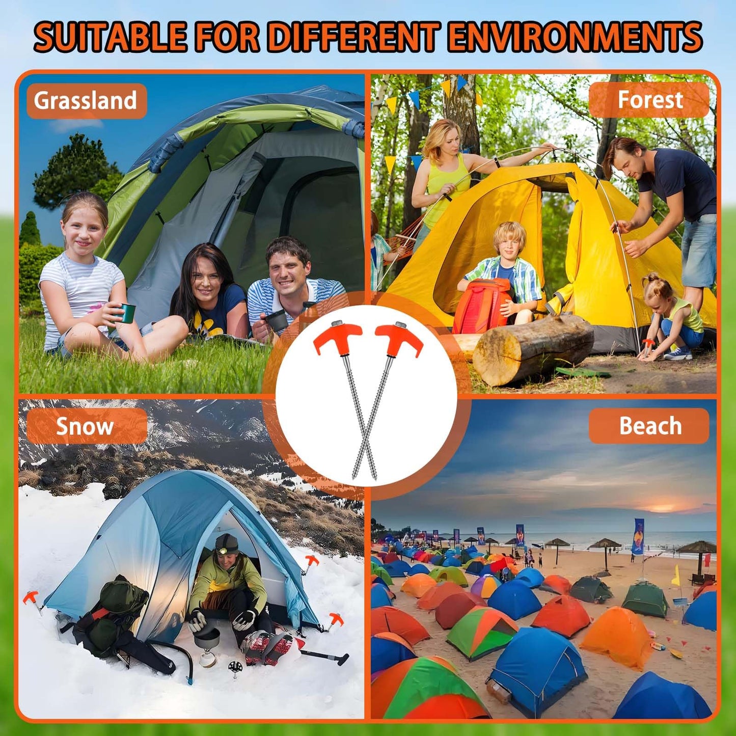 Kimmkco 8 Pack 8" Screw in Tent Stakes Heavy Duty Ground Anchors, Tent Pegs Metal Tent Spikes Camping Tent Stakes with Hex Head Driver & Nail Extractor for Outdoor, Camping, Canopy, Gardening, Beach