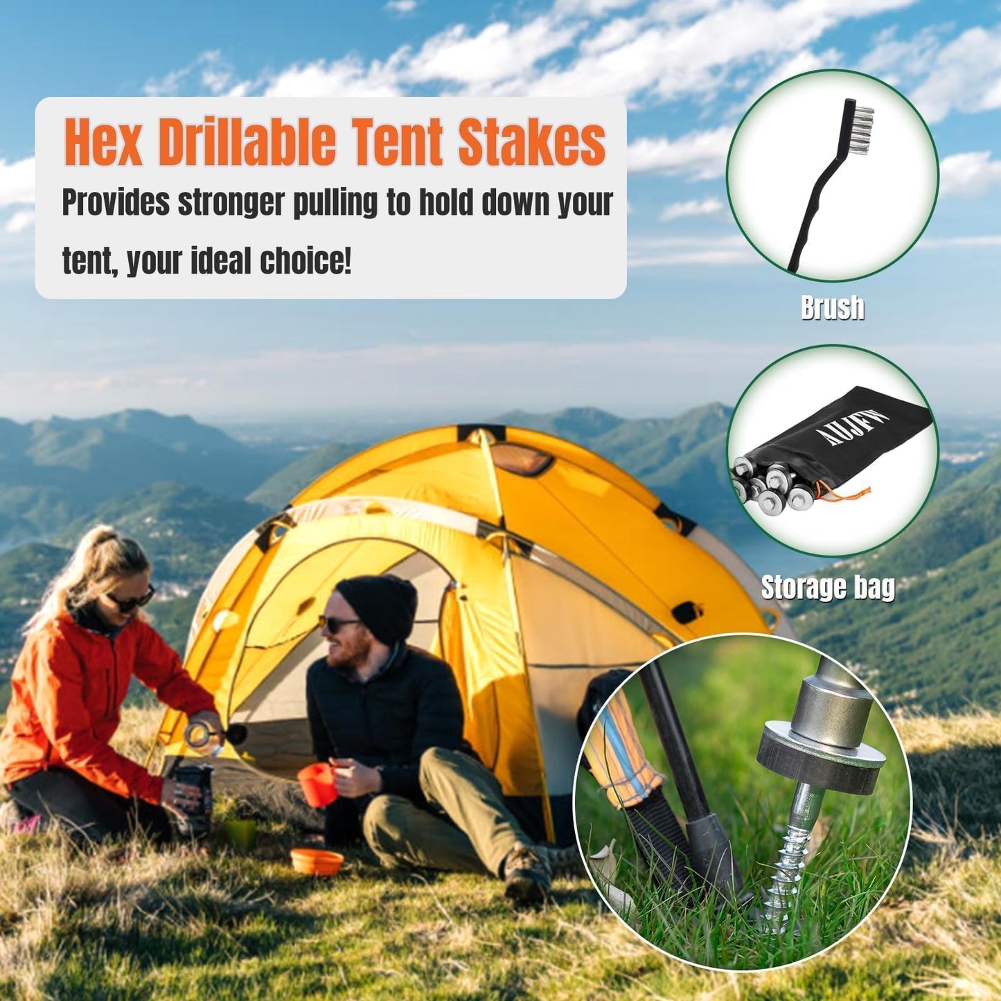 6 Pcs 6.2" Hex Pegs Drillable Threaded Tent Pegs Or Tent Stakes, Screw in Tent Pegs Stakes for Garden Canopies Grassland Canopies Awnings Camping Travel (Hex Tool and Storage Bag)