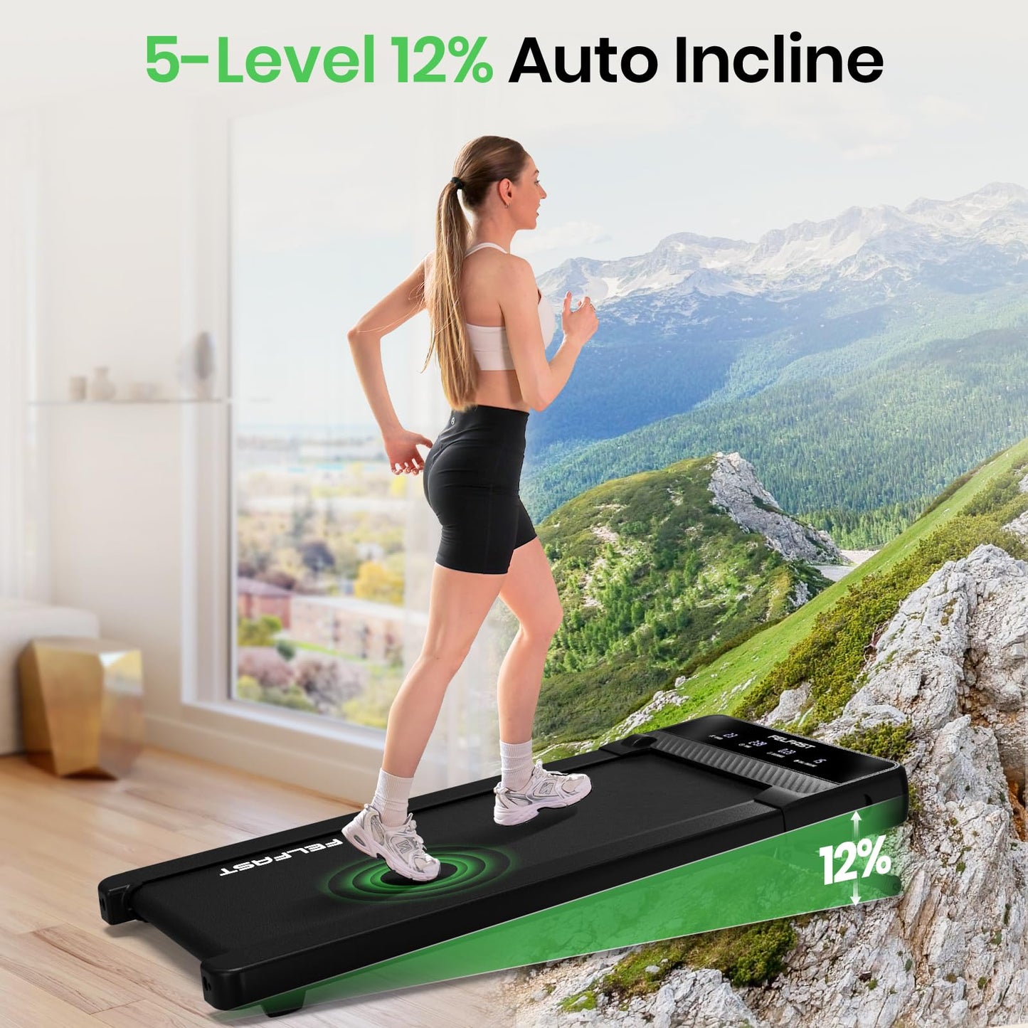 FelFast Walking Pad with 12% 6° Auto Incline, Under Desk Treadmill for Home Office w/Remote Control, 6 HIIT Mode, 265 Lbs Weight Capacity, 4 MPH Max, Desk Treadmill in LED Display, Black