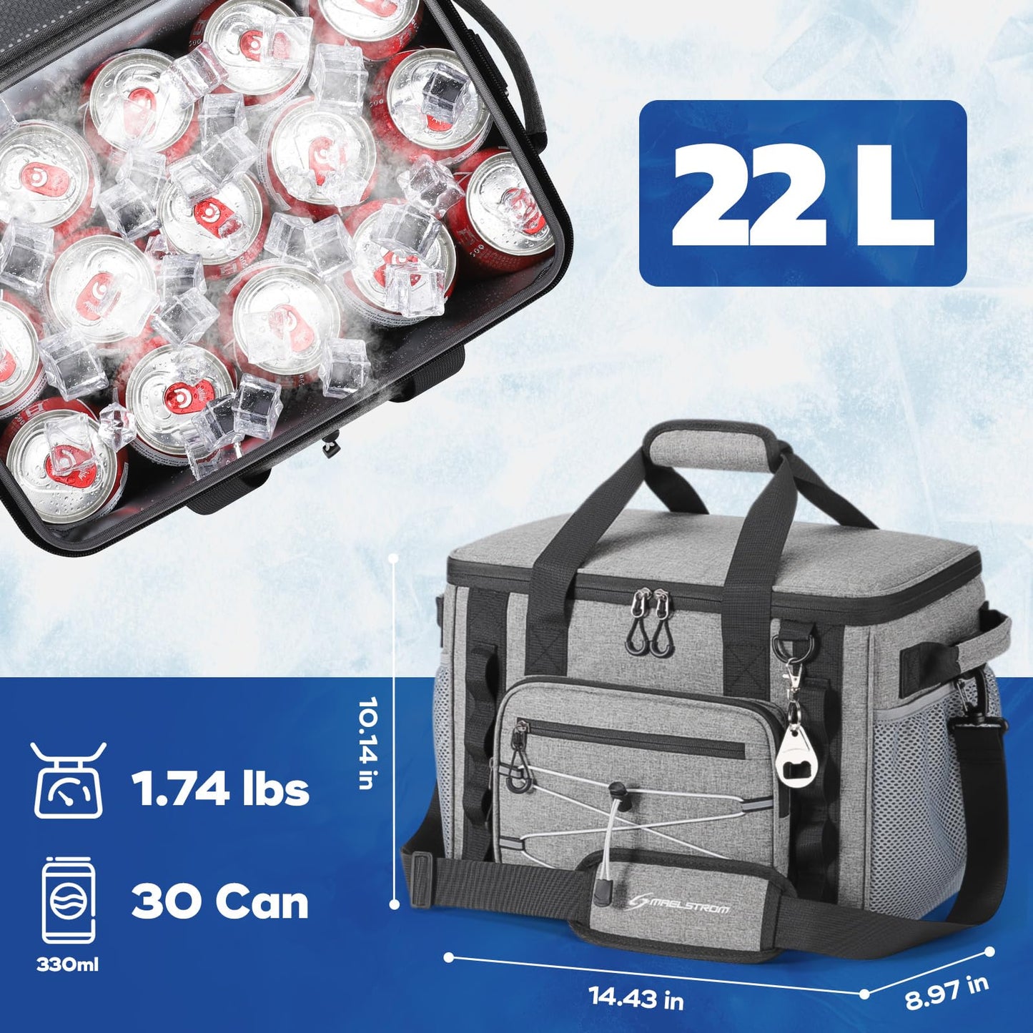 Maelstrom Soft Sided Cooler Bag,30 Can Collapsible Insulated Ice Chest – Large Leakproof, Portable for Camping, Kayaking & Beach, Gray