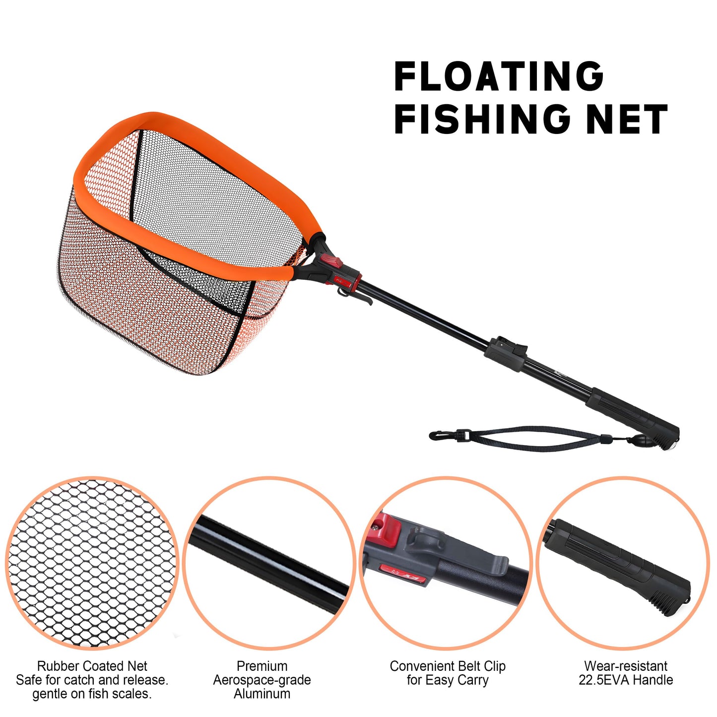 8Fans Extendable Fishing Net, Foldable Floating Landing Net,Non-Slip Hi-vis Grip, Ideal for Kayak Wading Fishing (40"/102cm Full (Telescopic Pole))