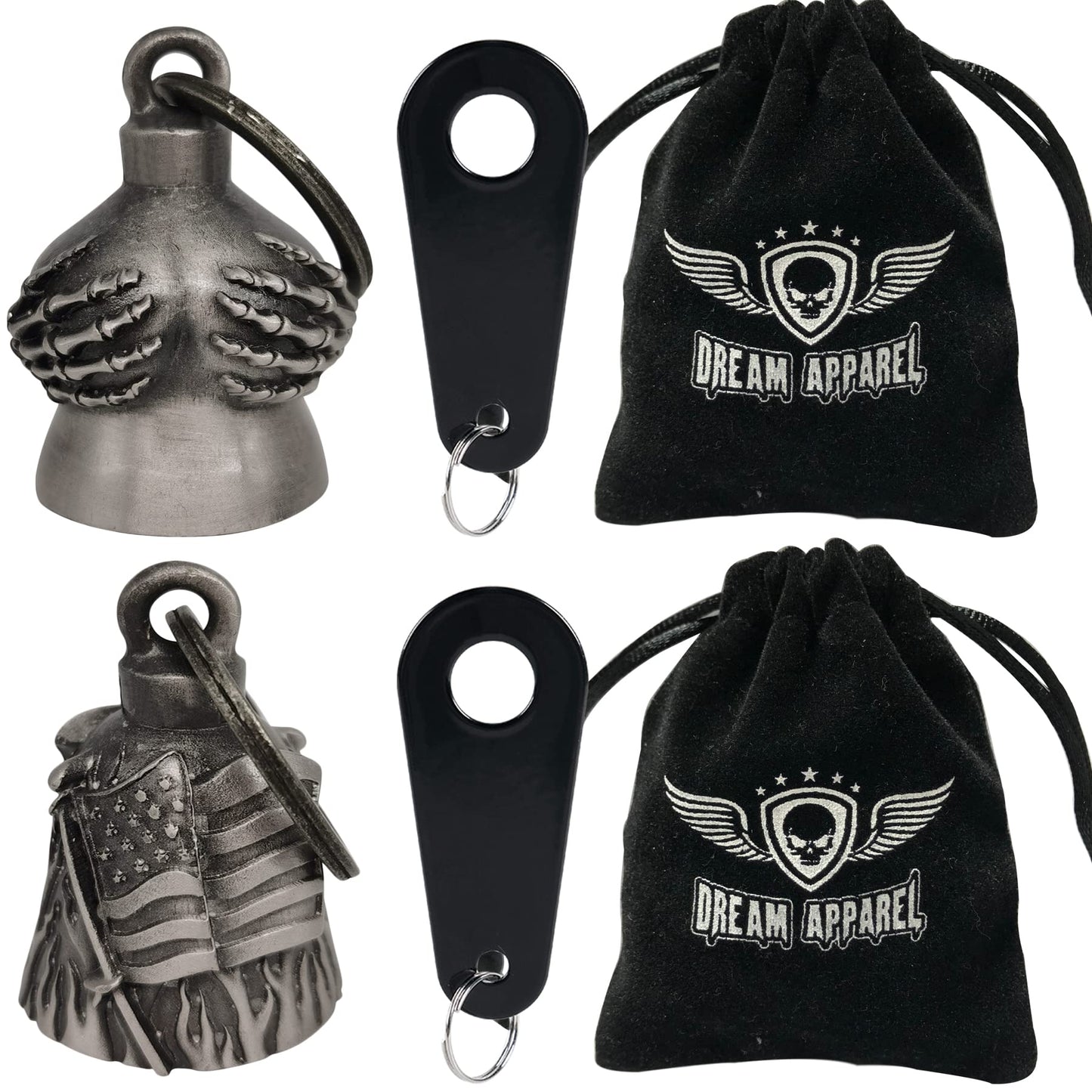 Dream Apparel 2 Pack Motorcycle Bells Guardian Angel for Biker Rider Men Women with Hangers, Ride Riding Accessories Drive Away Gremlins Spirit Bell for Good Luck, Motorcycle Gift Charm