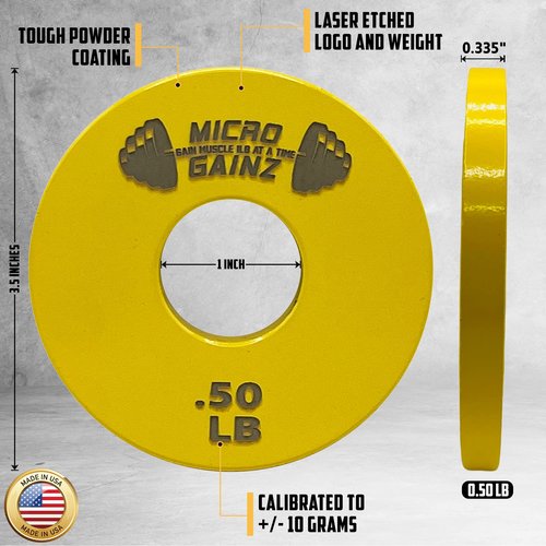 Micro Gainz Standard 1-Inch Center Hole Yellow .50LB Fractional Weight Plates 8 Piece Set- Designed for Standard 1-Inch Barbells and Dumbbells, Made in USA
