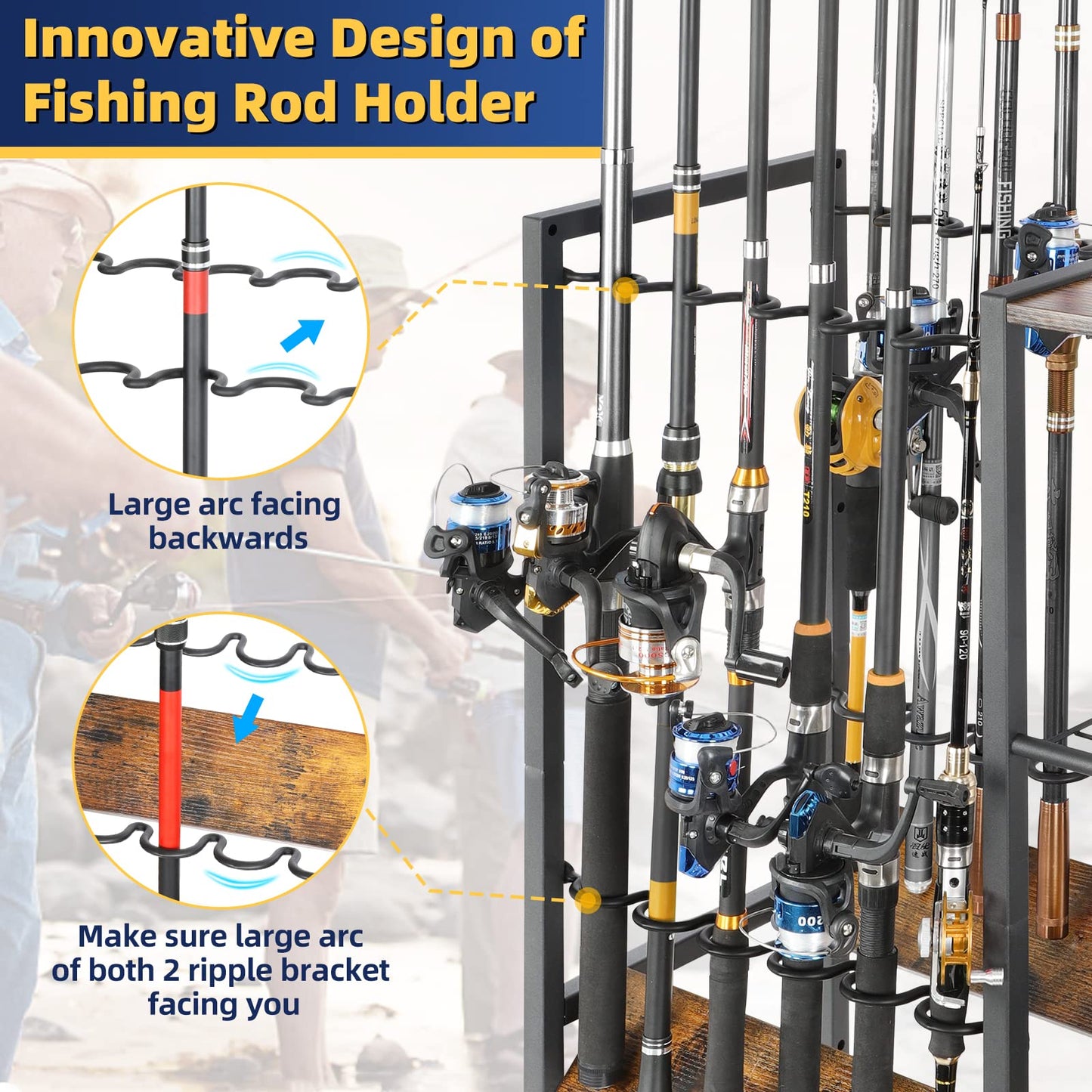 Olakee Fishing Rod Holders for Garage - Fishing Pole Holders up to 12 Rods, Fishing Gear Equipment Organizers Rod Tackle Cart for Home Entryway Corner