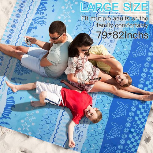Airensky Beach Blanket, Sandproof Beach Mat 79" X 82" for 4-7 Adults, Large Waterproof Beach Blanket Quick Drying Lightweight Beach Blanket with 4 Stakes for Travel Camping Hiking(Blue Sea World)