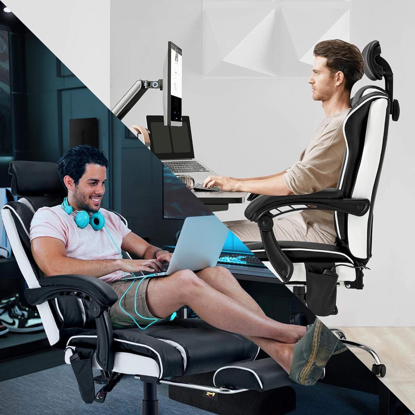 HOMREST 6-Point Massage Office Chair with Retractable Footrest, Heated Executive Office Chair with Reclining Backrest, Ergonomic Computer Chair with Adjustabel Headrest,Black