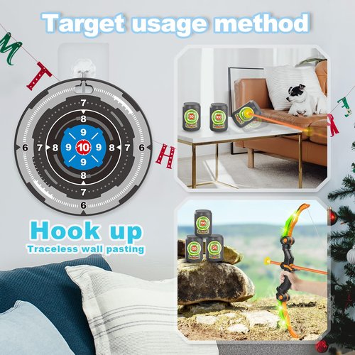 SpringFlower Bow and Arrow Toys for Kids 5 6 7 8 9 10+ Years Old,2 Bow and Arrow Sets with LED Light-up,Archery Set with 2 Round Targets and 3 Target cans for Boys & Girl, Ideal Gift for Kids