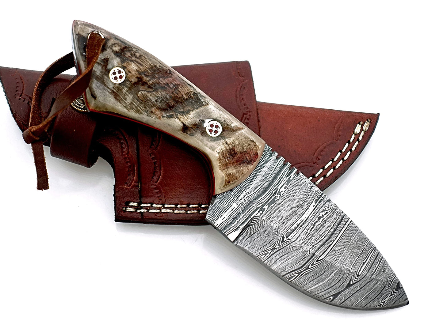 Handmade Damascus Steel Skinner Knife – Premium Survival Knife for Camping, Hiking, and Outdoor Adventures with Leather Sheath OB-1008 (BEIGE)