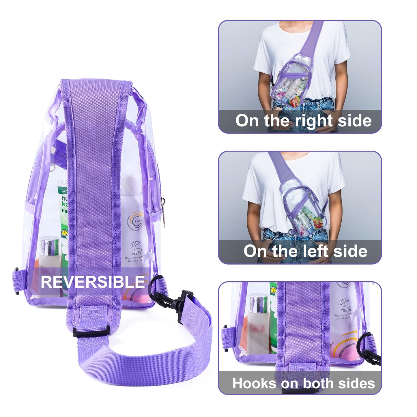 Dotpraise Clear Sling Bag, Stadium Approved, Small Clear Chest Backpack with Front Pocket, Crossbody Chest Bag for Men Women, Purple