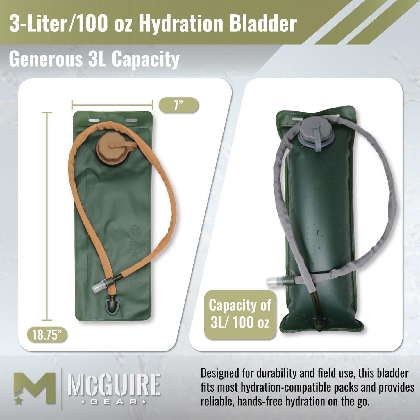 M MCGUIRE GEAR Hydration Bladder, 3L/100 oz. Water Bladder, Leak Proof Hydration Pack, Water Reservoir with Insulated Drinking Tube for Hiking, Cycling, and Biking (Tan)