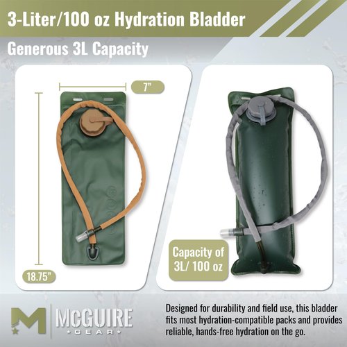 M MCGUIRE GEAR Hydration Bladder, 3L/100 oz. Water Bladder, Leak Proof Hydration Pack, Water Reservoir with Insulated Drinking Tube for Hiking, Cycling, and Biking (Tan)