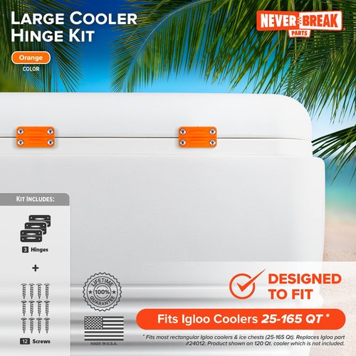 NeverBreak Parts - 3 Pack Orange Hinges and Lid Strap Combo, Igloo Cooler Repair Parts Kit