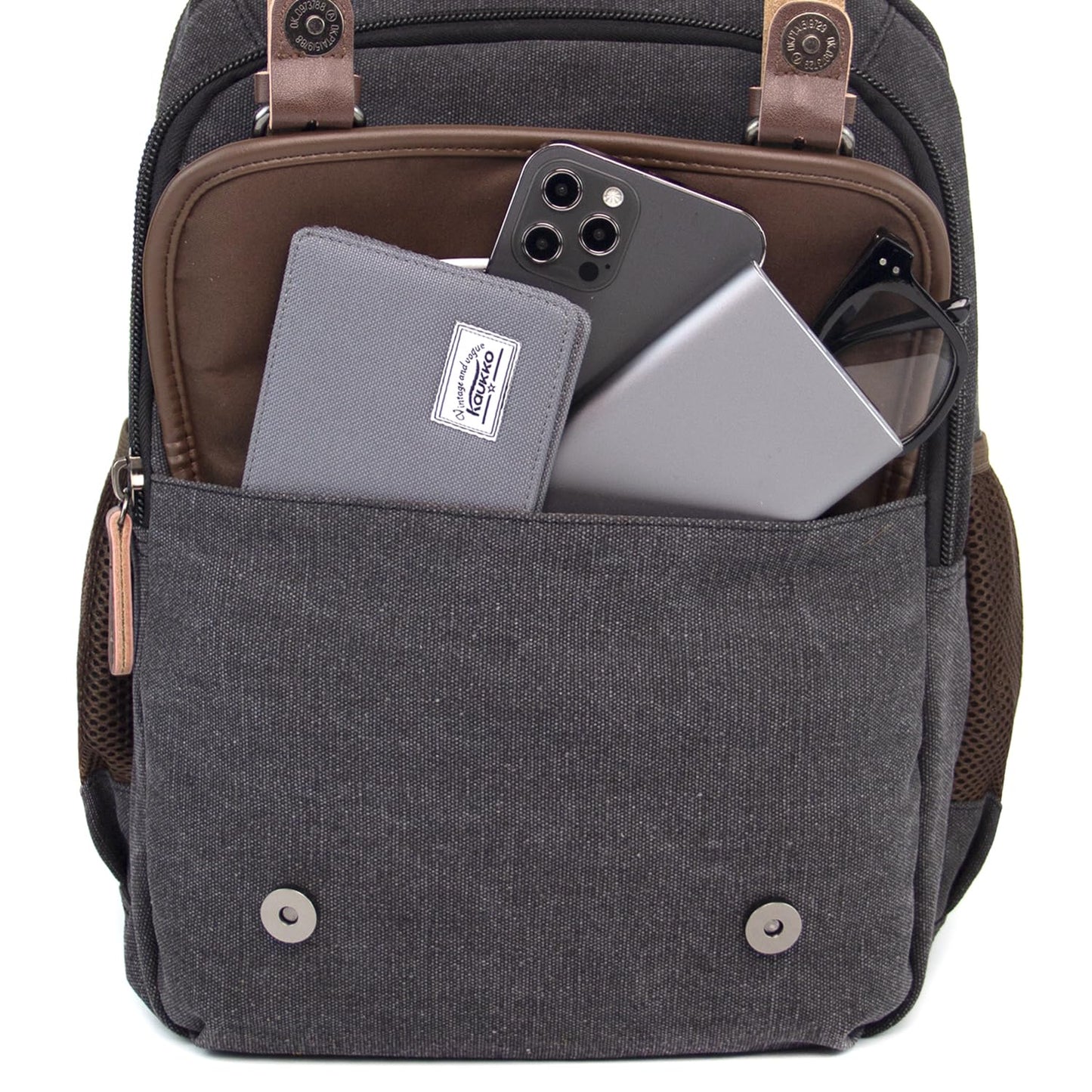 KAUKKO Vintage Canvas Backpack-Large Capacity, Multi-Functional Durable Outdoor Rucksack S28-BLACK, 24.3L