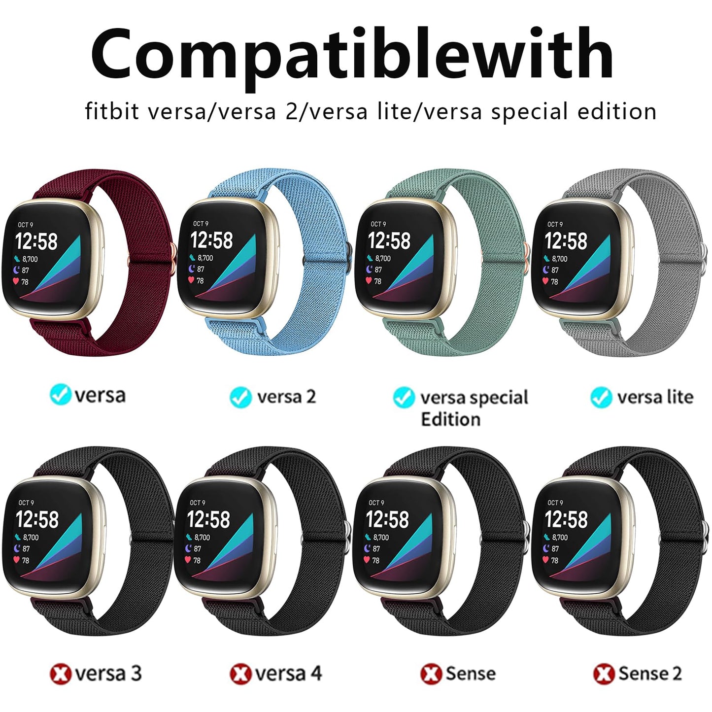 10 Pack Bands Compatible with Fitbit Versa 2 Bands/Fitbit versa 2 bands for women/Fitbit Versa/Versa Lite/Versa SE,Soft Adjustable Nylon Sport Band for Fitbit Versa Smart Watch Women Men