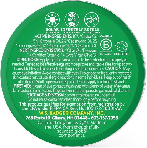 Badger Bug Repellent Tin, Organic Deet-Free Mosquito Repellent with Citronella, Family Friendly Pleasant Smelling Insect Repellent, Easy to Use Travel Size, .75 oz Tin
