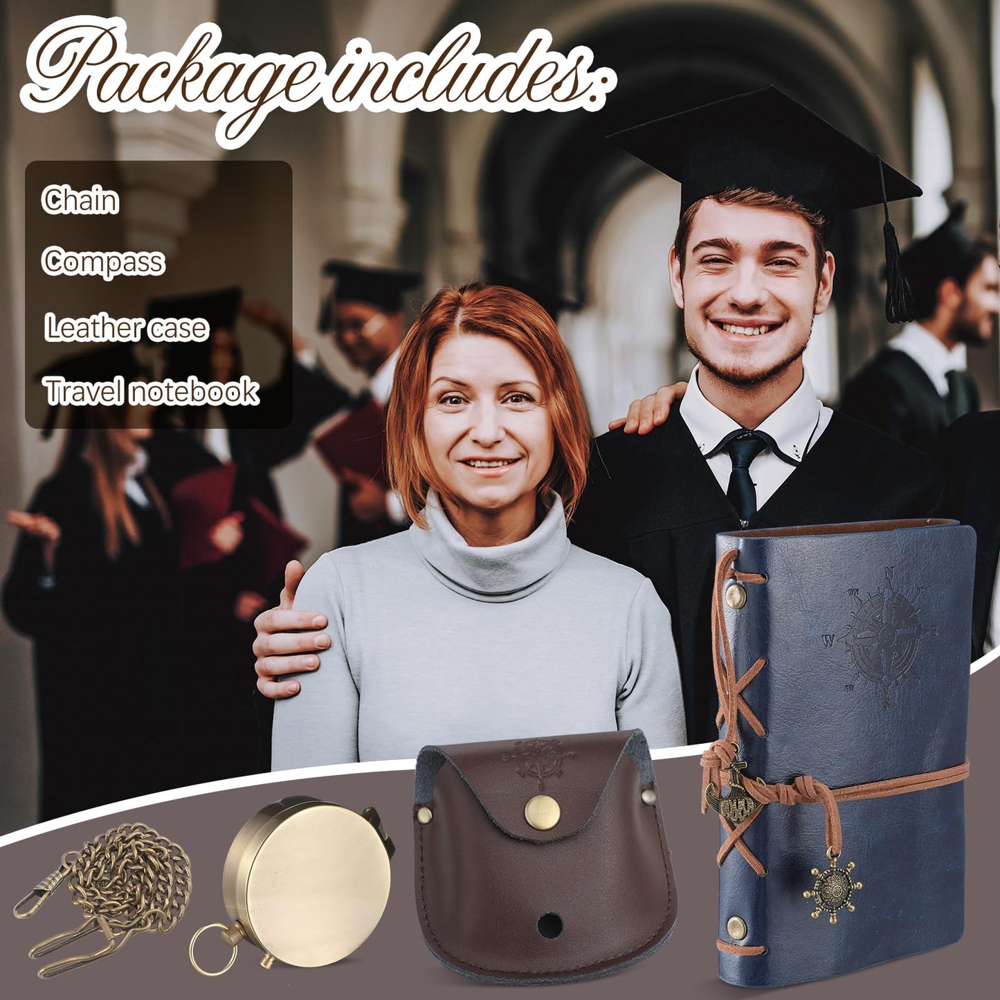 Kanayu 2 Pcs Compass Graduation Gift Compass with Stamped Leather Case and Leather Journal Notebook High School College Graduation Gifts for Him(Dark Blue)