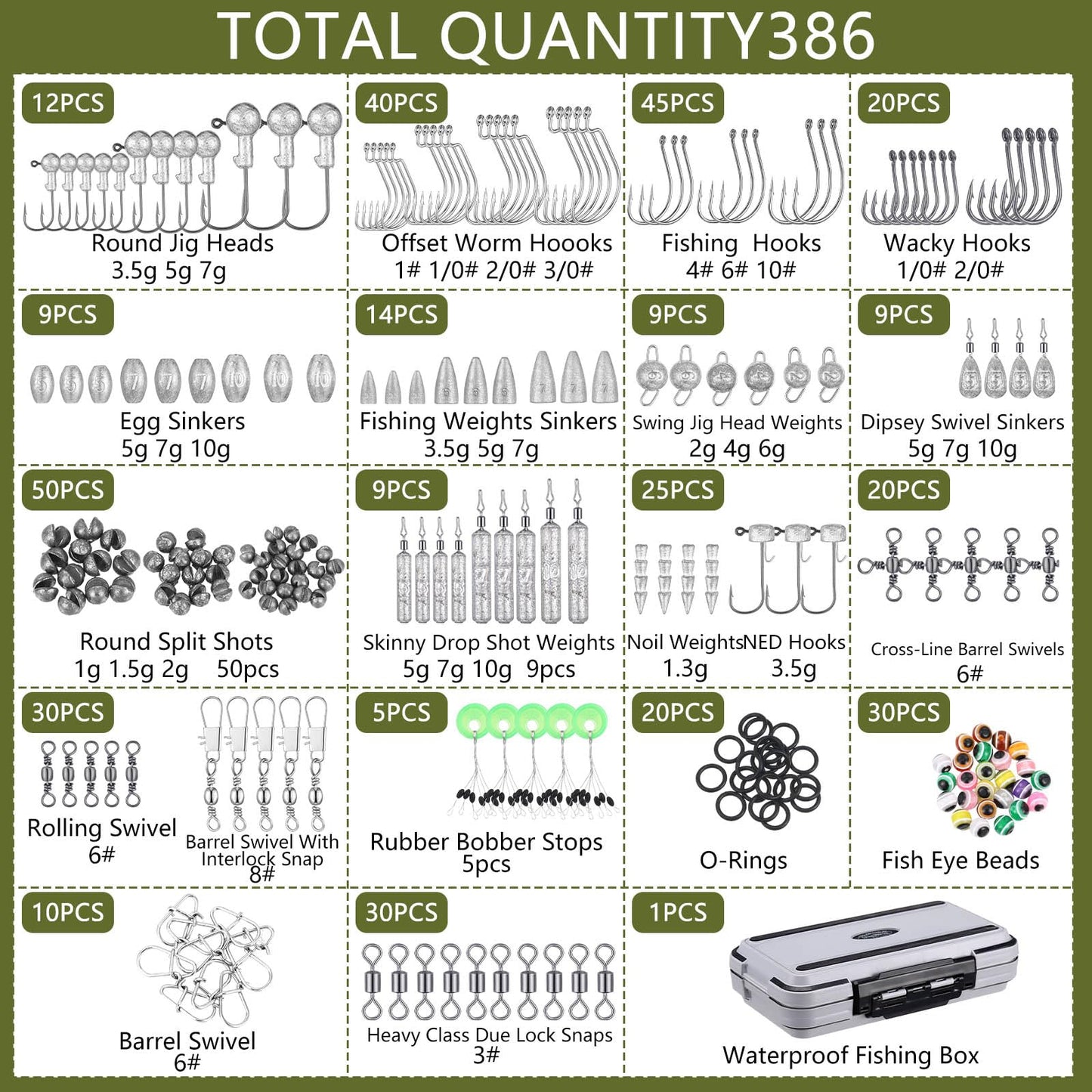 397 Pcs Fishing Accessories Kit Tools Include Backpack Fishing Tackle Box with Hooks Weights Sinkers Spinner Blade Gear(Simple Style,Khaki)