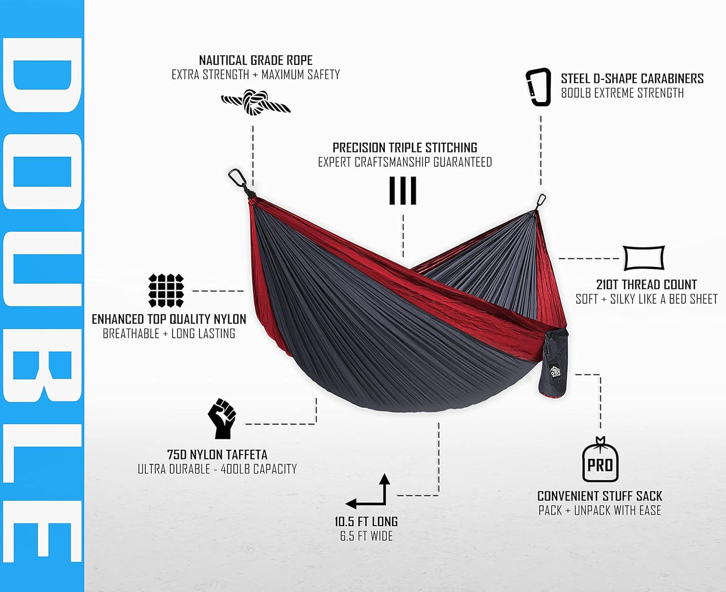 Camping Hammock 500 lb Capacity – Portable Double Hammock with Tree-Friendly Straps and Carabiners, Lightweight for Backpacking, Hiking, Travel, Beach, Backyard