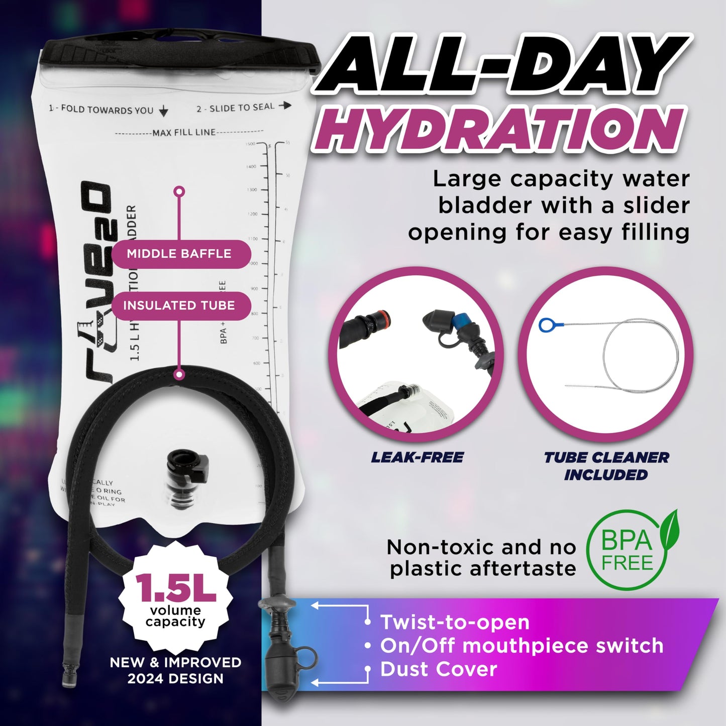 Rave2o Rave Hydration Backpack β Anti-Theft Festival Hydration Pack with 1.5L Leakproof TPU Bladder β Slim, Insulated Water Pack Secret Pockets & Breathable β Raves, Music Festivals, EDC - Prism Black