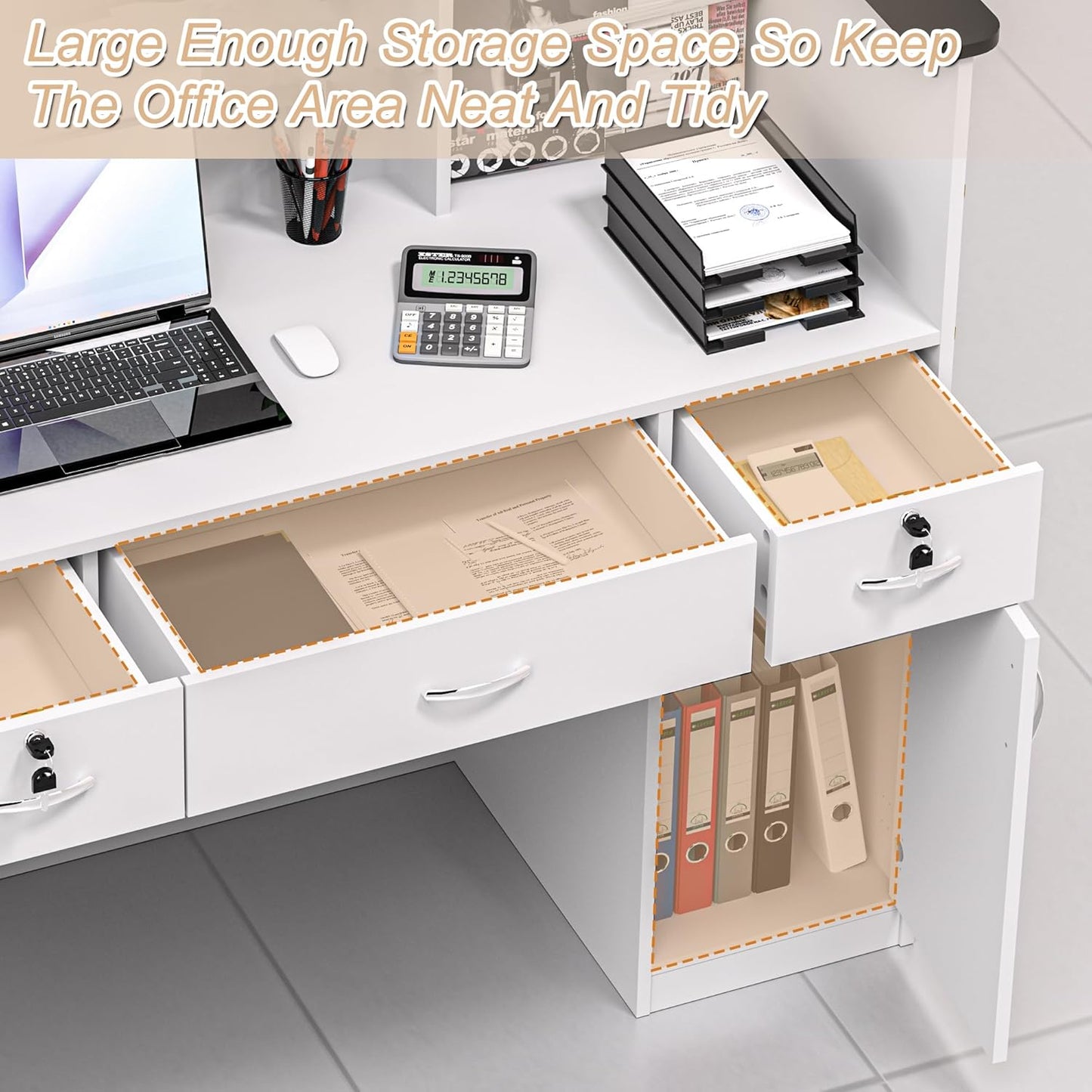 AHB Reception Desk with Counter, Modern Front Table Equipped Lockers & Storage Shelves, 50-inch Checkout Counter with LED Lights & DIY Stripe for Lobbies, Salons, Retail, Home Offices, Reception Room