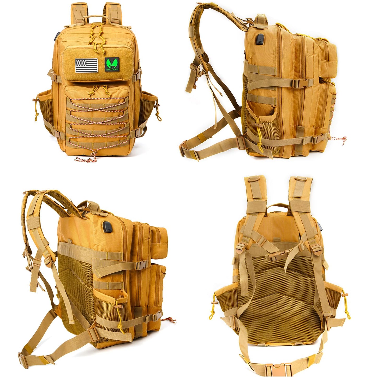 Green Canyon 45L Tactical Assault Backpack with Molle and Charging Port, Water Resistant Military Backpack for Men Women Hiking Rucksack 3 Day Bug Out Bag, Khaki