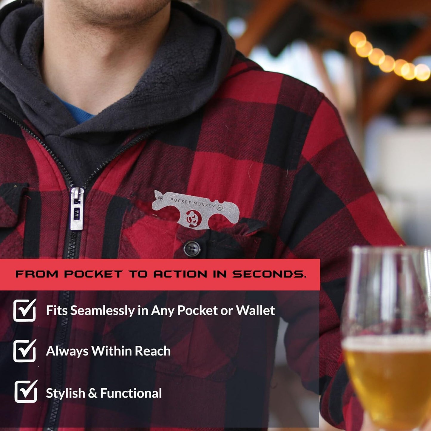 Wallet Multi-Tool, PocketMonkey 12-in-1 Credit Card Tool, Bottle Opener, Stainless Steel, MADE IN USA