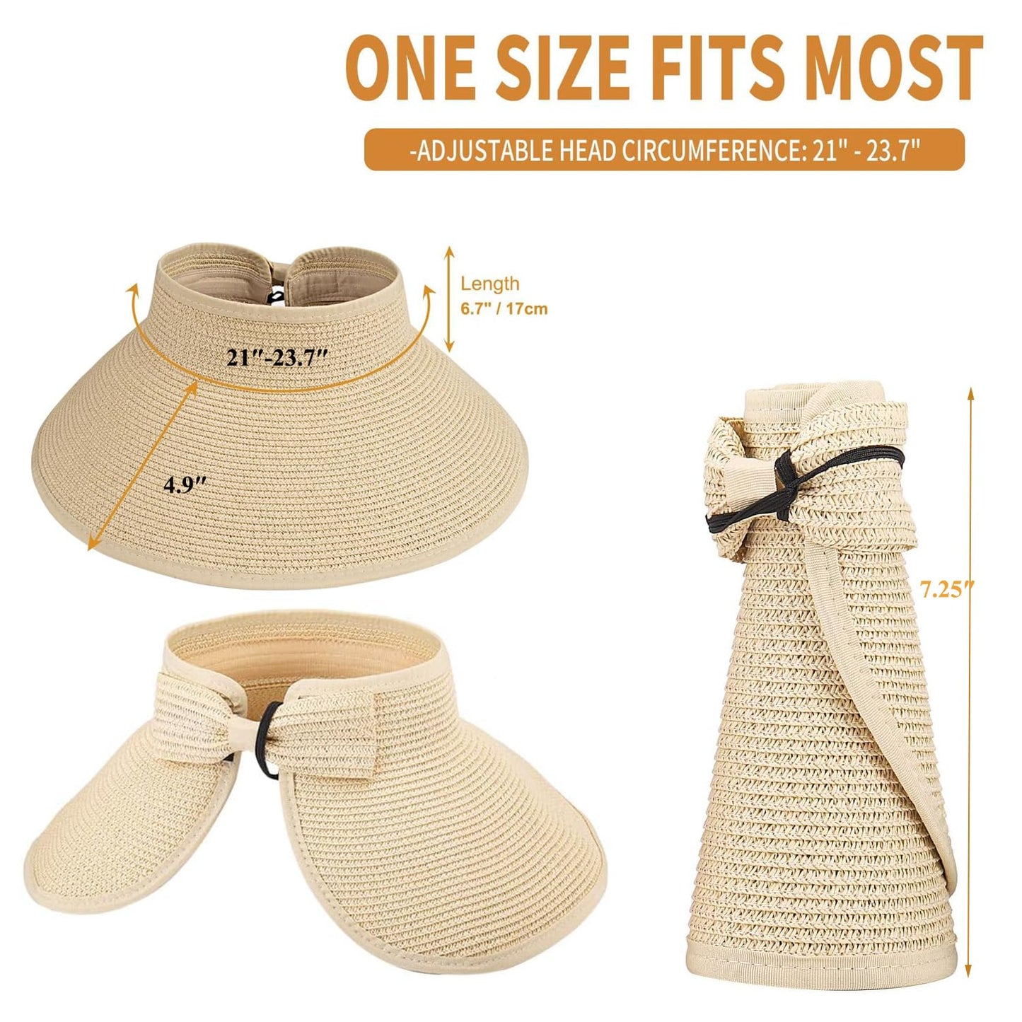 2Pcs Foldable Straw Sun Visor Hats,Wide Brim Ponytail Summer Beach Hat, Protect Your Skin Easily Perfect for Women Summer Vacation (Natural +Beige)