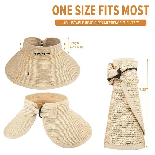 2Pcs Foldable Straw Sun Visor Hats,Wide Brim Ponytail Summer Beach Hat, Protect Your Skin Easily Perfect for Women Summer Vacation (Natural +Beige)