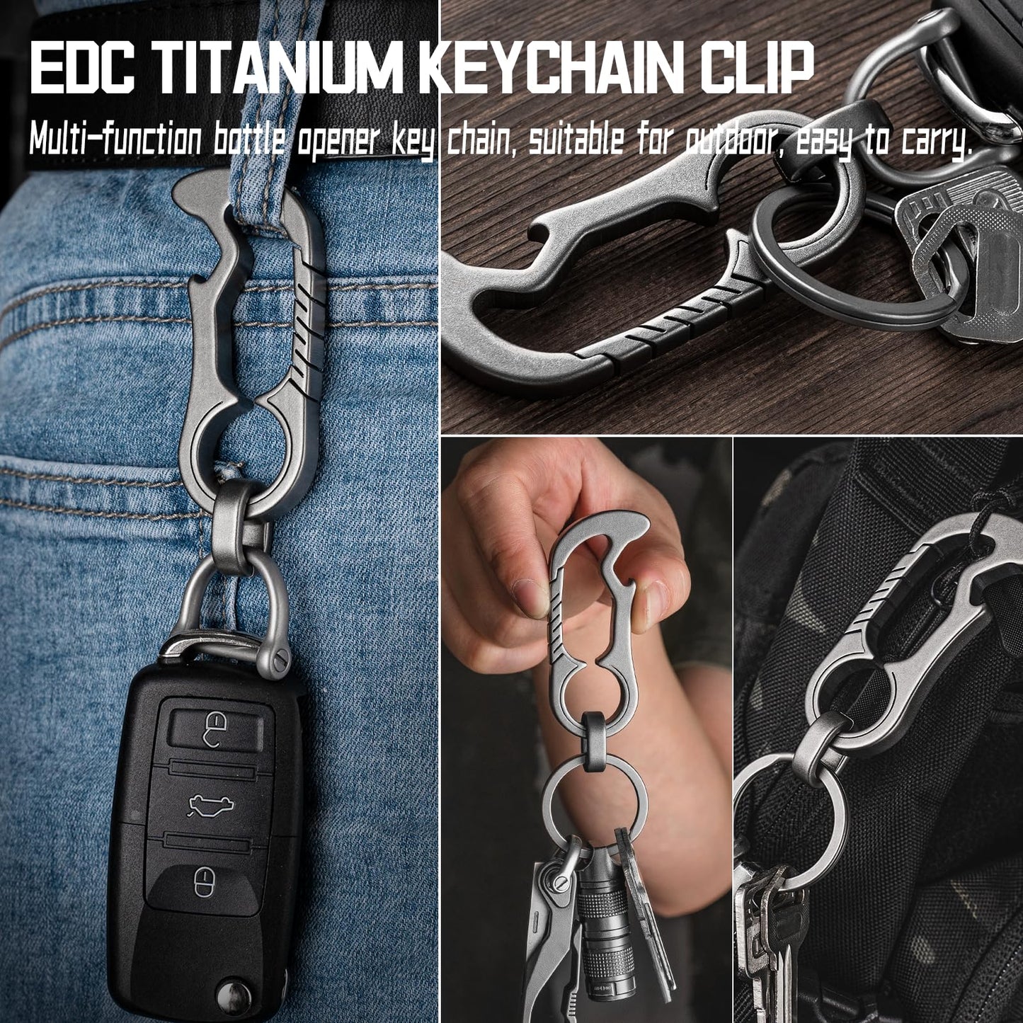 TISUR Titanium Carabiner Keychain Clip, Heavy Duty EDC Carabiner, Anti-Lost Key Ring Holder, Mens Key Chain Hooks(Grey Large - with bottle opener)