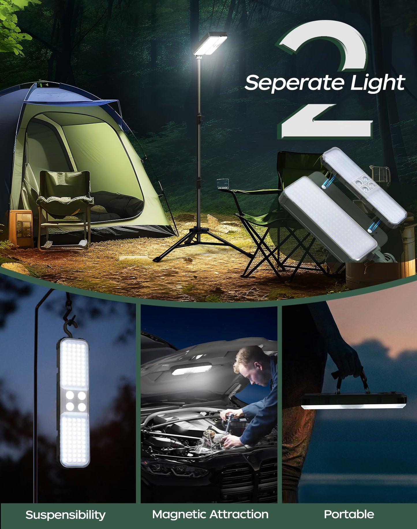 KIALUSH 10000lm Dimmable Rechargeable Work Light, 15000mAh Detachable Camping Work Light 72'' Telescopic with 2 Separate Lights, 2 Charge Ways Type C & Solar Powered