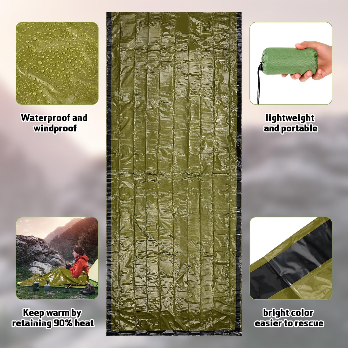 Mixweer 12 Pcs Emergency Sleeping Bag Portable Survival Sleeping Bag Thermal Bivy Sack Lightweight Emergency Shelter for Homeless People Waterproof Bivy Bag for Camping Hiking Adventure Outdoor, Green