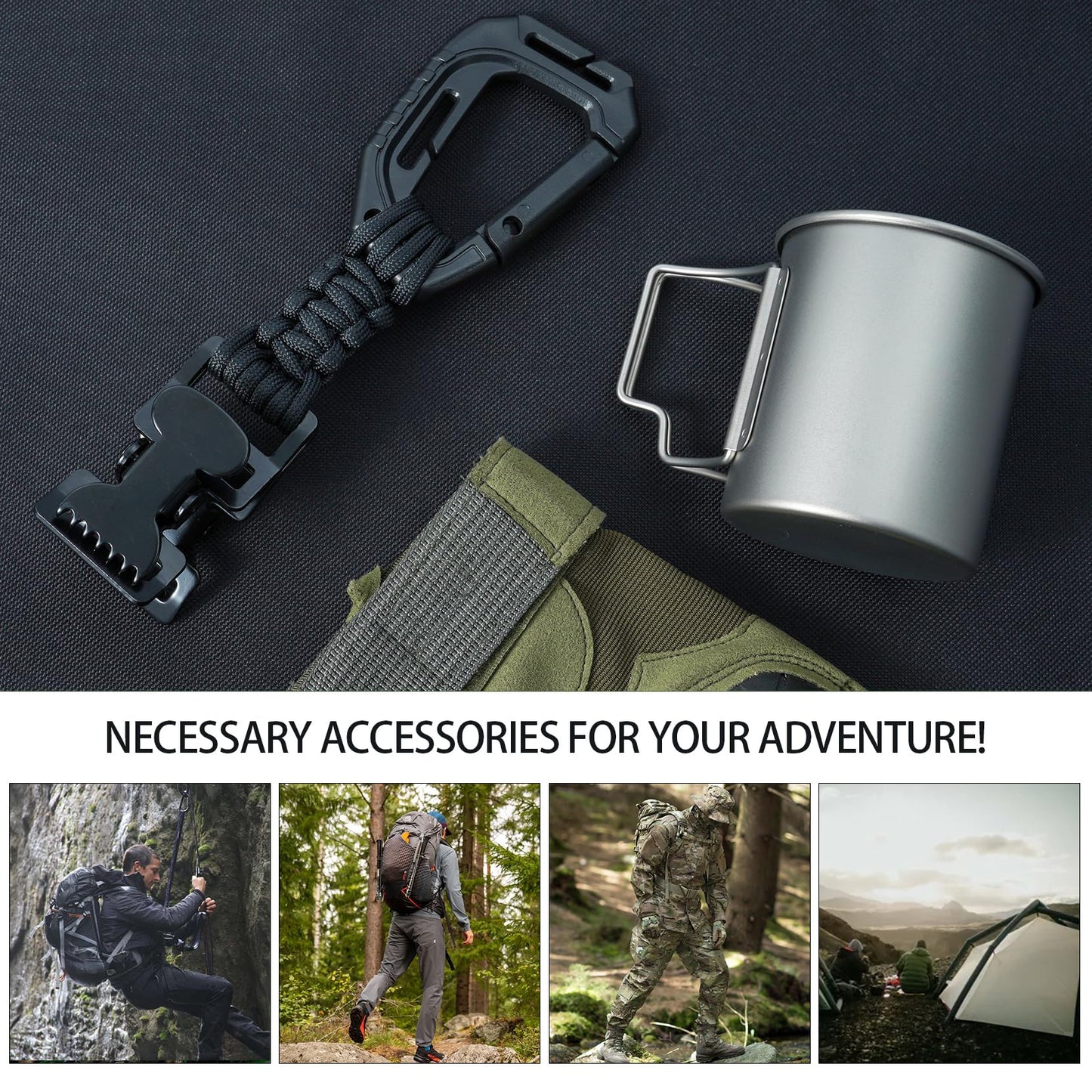 KUNN Glove Clips with Plastic Carabiner and Paracord, Metal Alligator Clips for Tactical Backpack, Work Glove Holders, Black