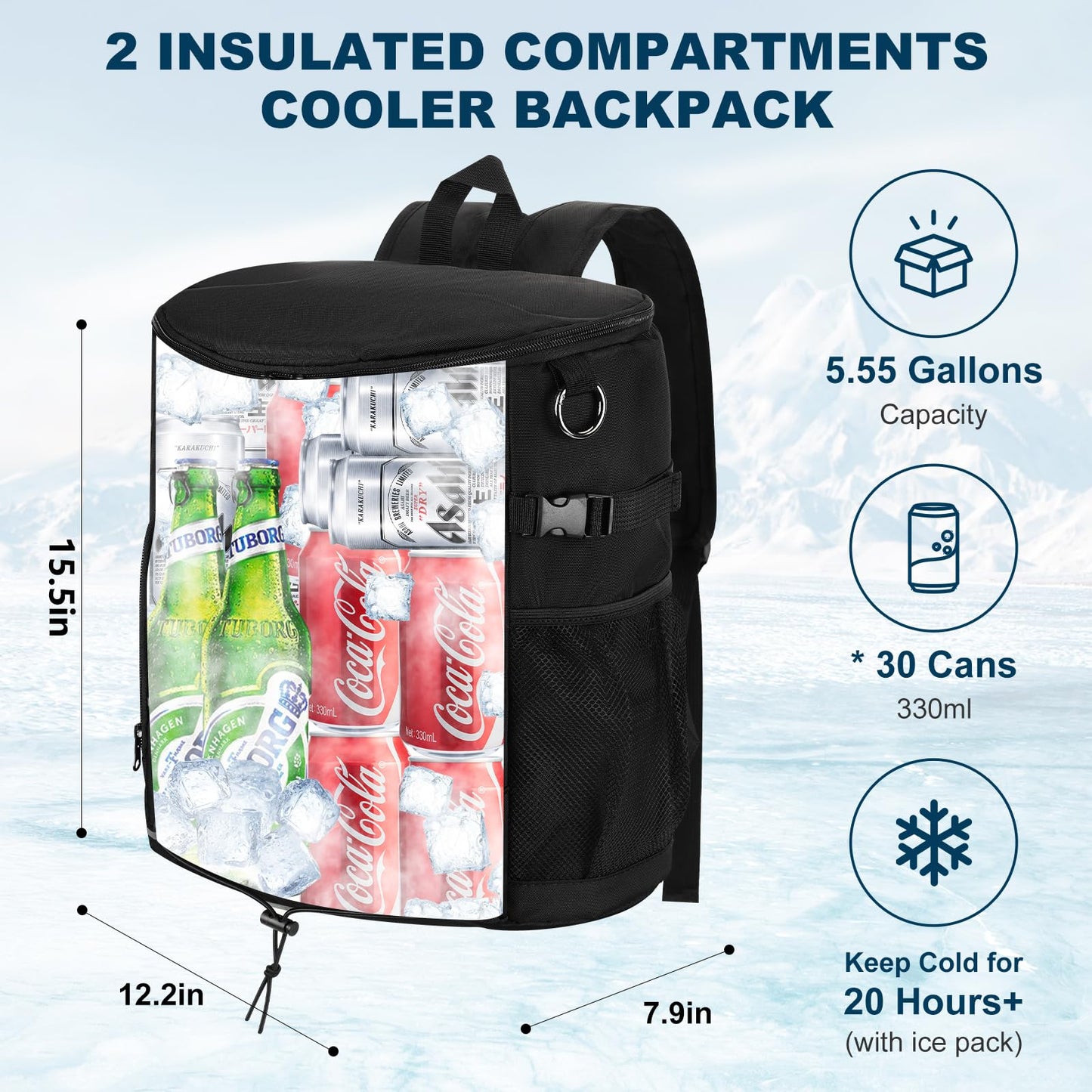 Karamagic Cooler Backpack 30 Cans,Portable Backpack Coolers Insulated Leak Proof,Made with Water-Resistant 900D Oxford Lightweight Cooler Bag for 12h Hot/Cold Retention (Black(900D))