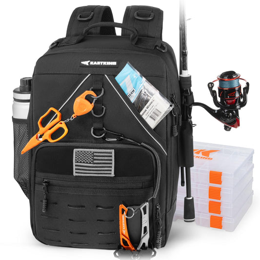 KastKing KarryAll Fishing Tackle Backpack with Rod Holder 4 Tackle Boxes,40/26L Tackle Bag Storage Fishing Gear and Equipment,Black,Medium
