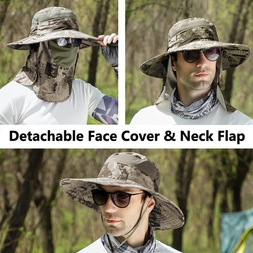 UPF 50+ Sun Fishing Hat for Men Women Wide Brim Hat with Detachable Face Cover & Neck Flap
