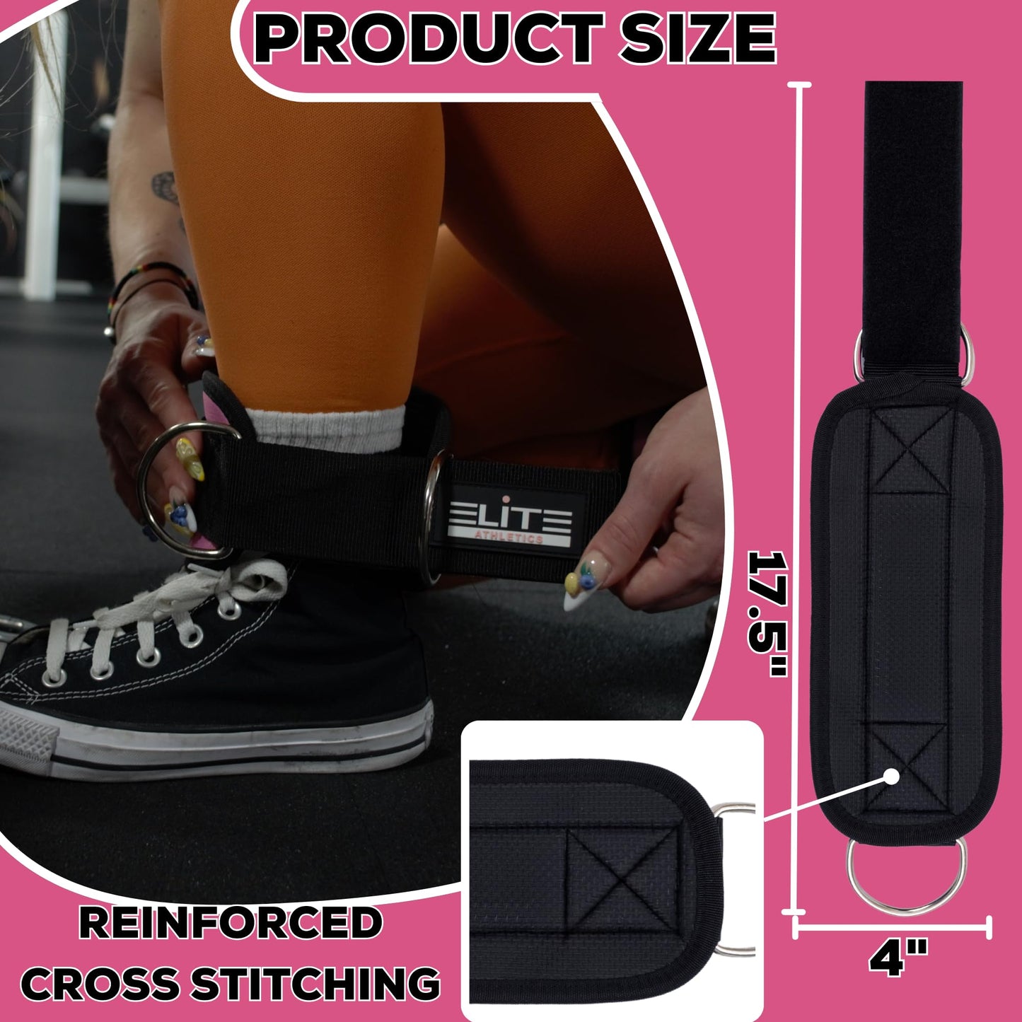 Elite Athletics Ankle Strap for Cable Machine Attachment, Gym Ankle Cuff for Cable Kickback, plus Wrist Straps for Weightlifting and Carry Bag (pink)