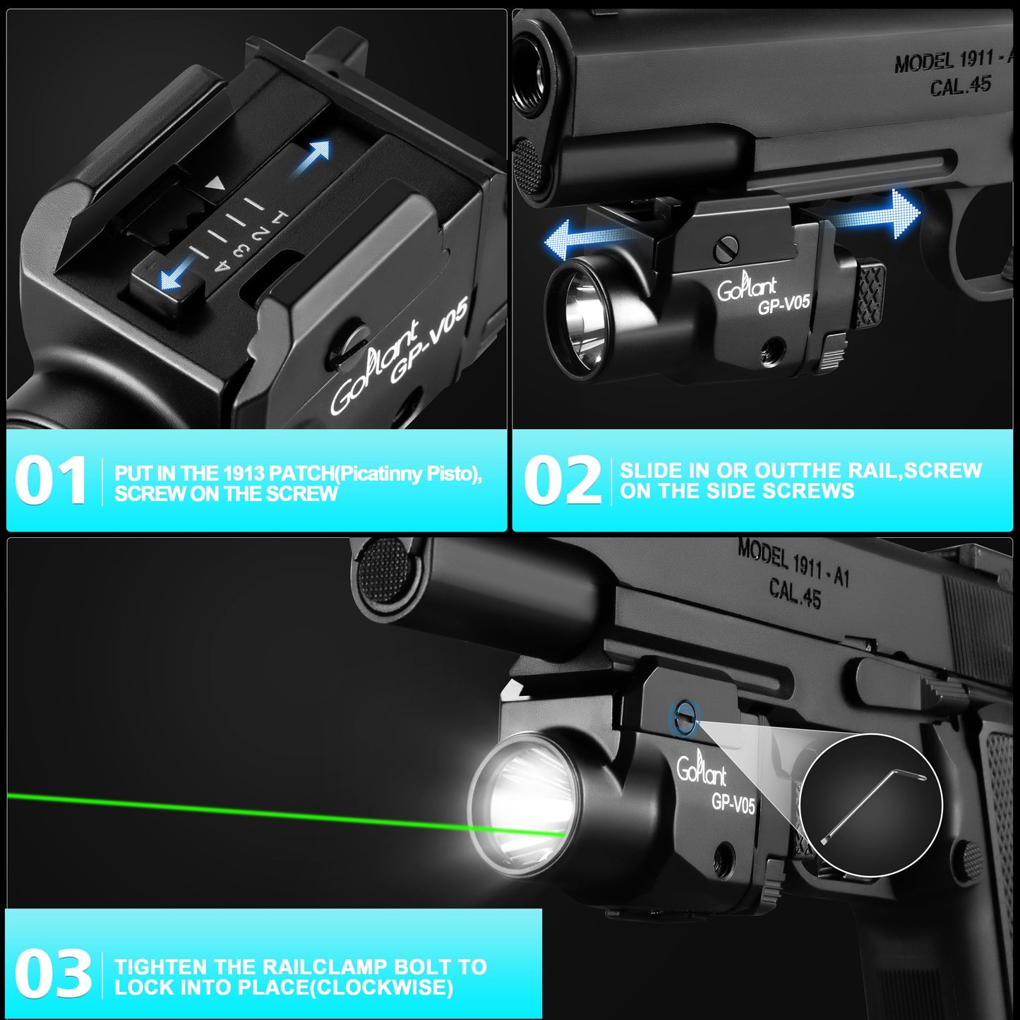 1500 Lumens Aircraft-Grade Aluminum Compact Pistol Flashlight, Picatinny Flashlights Laser Weapon Light, Subcompact Tactical Pistol Lights,Green Laser Light Combo for Handgun, Rechargeable Gun Light