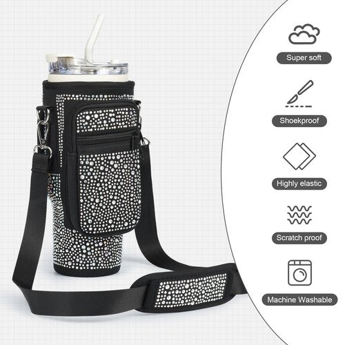 Bling Diamond Water Bottle Carrier Bag with Phone Pocket for Stanley 40/30 oz Tumbler with Card Holder,Neoprene Water Bottle Holder Pouch with Adjustable Strap for Stanley Cup Accessories