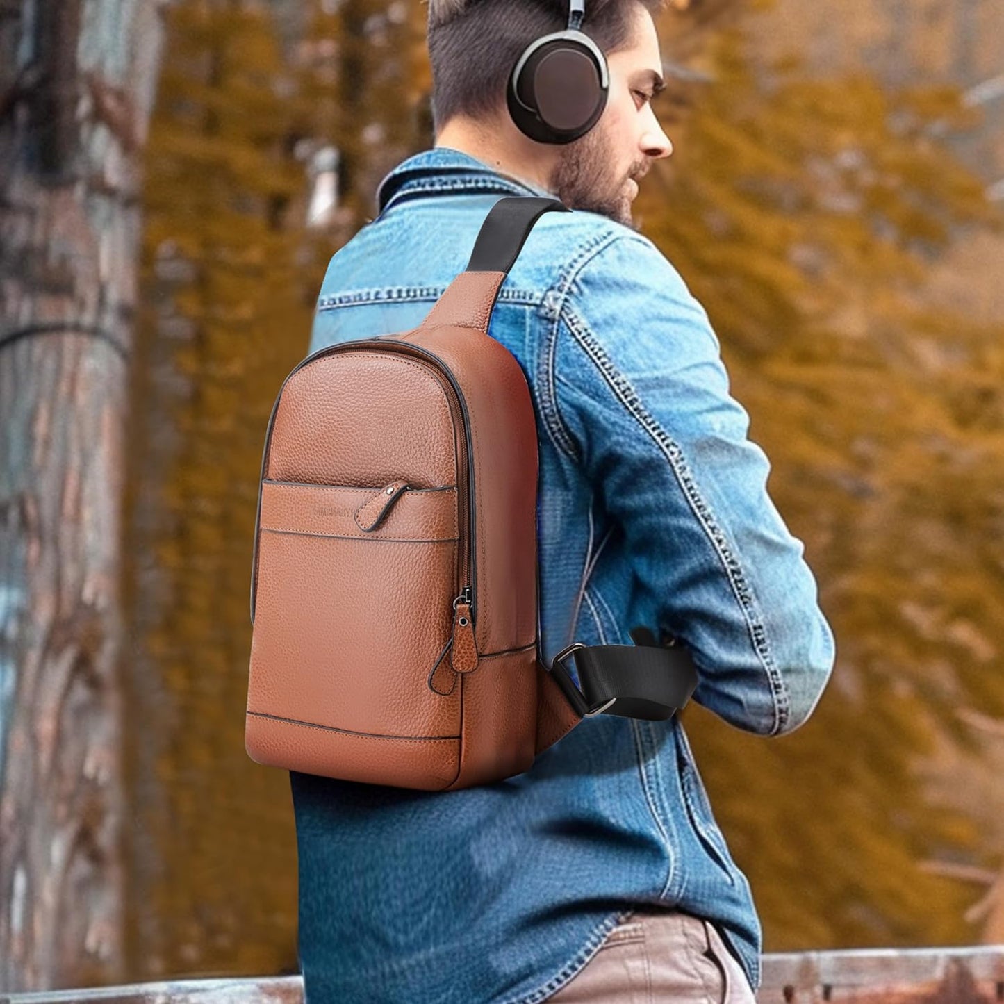 Chrysansmile Sling Bag for Men Genuine Leather Cross Body Bag Mens Crossbody Shoulder Backpack Black Fanny Packs for Travel