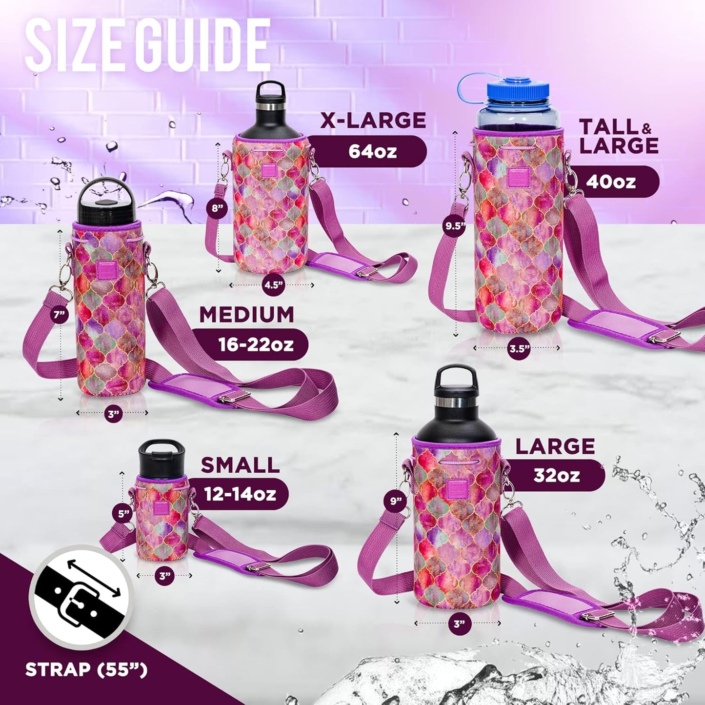 Insulated Neoprene Water Bottle Carrier | Adjustable Sling Pouch | Black, Large