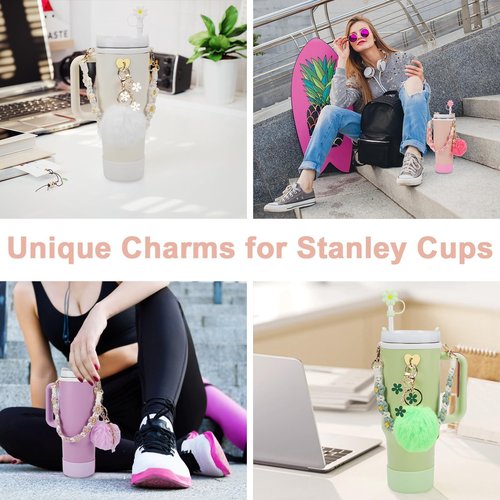 PINKPIN 7PCS Water Bottle Accessories Set for Stanley Cup 40oz & 30oz Tumbler, Including Water Bottle Handle Strap, Silicone Boot, Silicone Straw Cover, Keychain Charms (Greens)