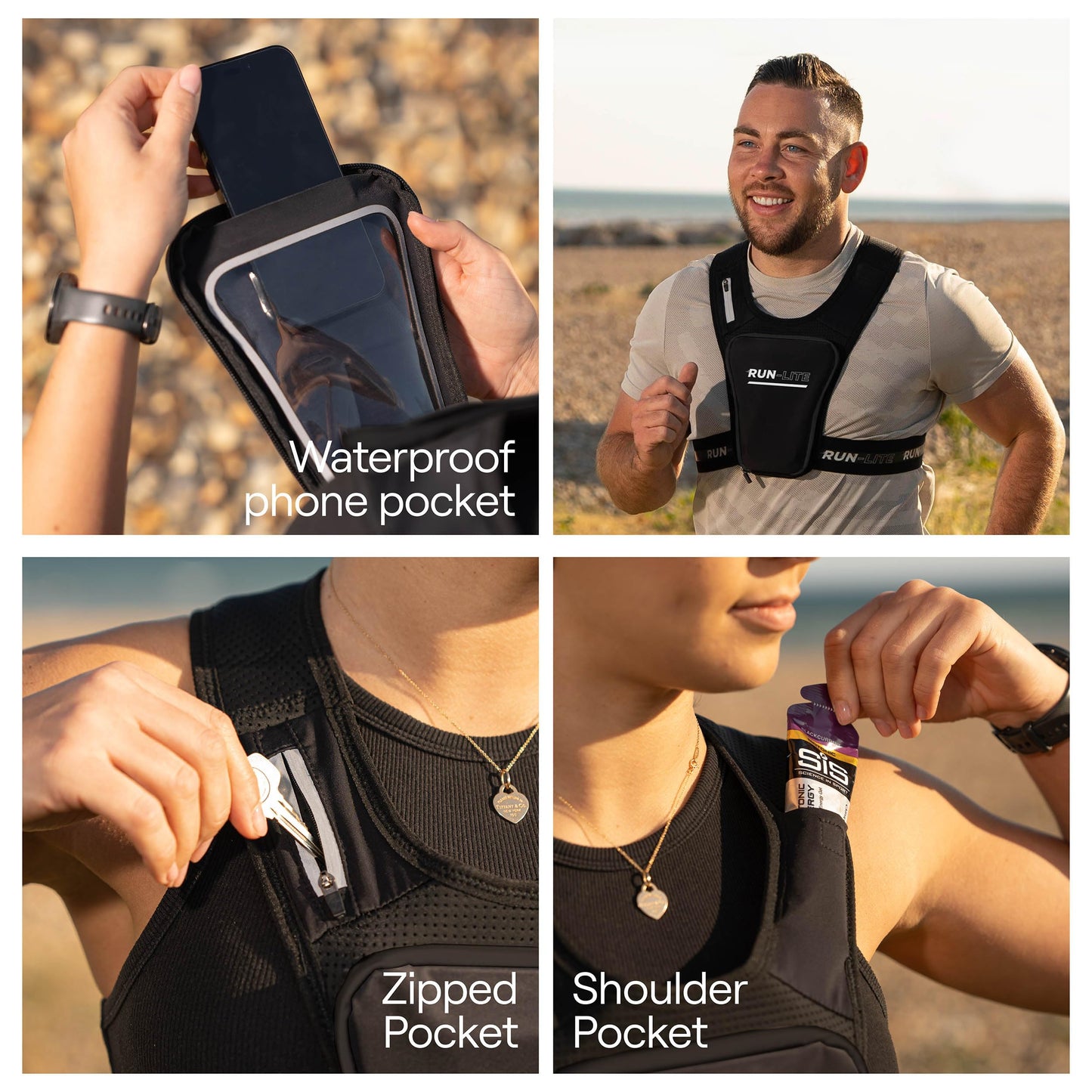 Running Vest with Phone Holder & Waterproof Pouch – Adjustable Belt Fits 28"–44" Chest – Reflective Gear with 2 Shoulder Pockets for Keys, Gels, Phones up to 6.8” (Unisex Adult)