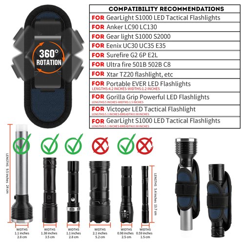 IronSeals 2 Pack 360° Rotatable Clip LED Flashlight Torch Holder Stretchable Adjustable Flashlight Torch Holster Holder Belt Case Pouch