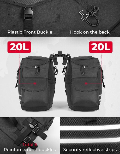 KEMIMOTO Bike Panniers Bag 40L Bicycle Panniers for Rear Rack with Waterproof Rain Cover, Ebike Saddle Bags, Bike Rack Bag, Saddlebags for Bikes, Black Large Capacity Reflective Strip