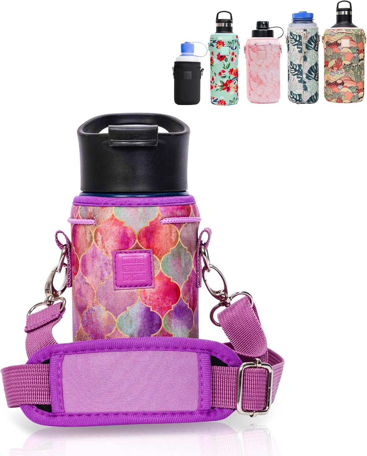 Insulated Neoprene Water Bottle Carrier | Adjustable Sling Pouch | Black, Large