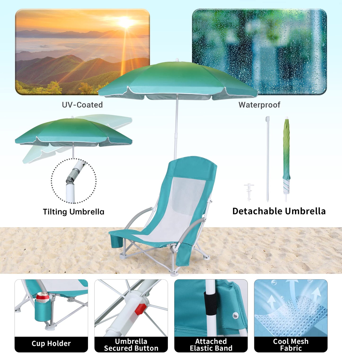 WGOS Beach Chair Beach Folding Chair for Adults Camping Chair High Back with Umbrella and Cooler Bag, Huge Shade, Portable & Lightweight for Beach, Outdoor, Camping (2, Bright Blue w/Hint Green)