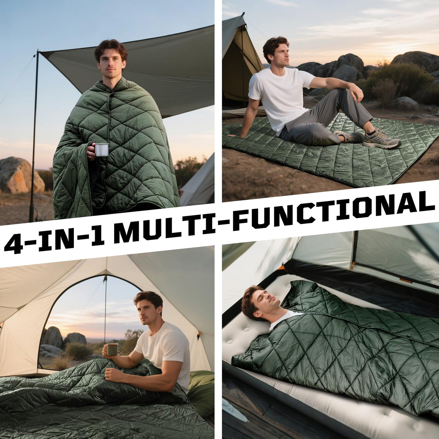 1TG Tactical Camping Blanket - Packable, Ultra Warm and Lightweight with Snap Button Backpacking Quilt Water-Resistant, for Sleeping, Outdoors, Travel - Large/Olive Green