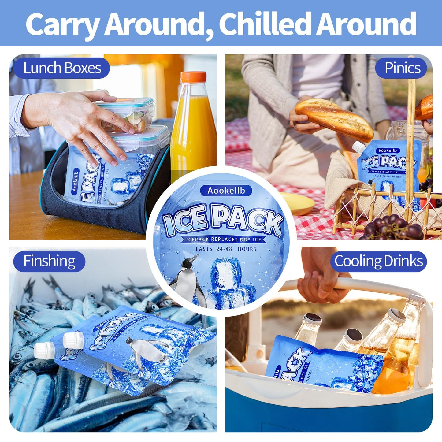 2025 Reusable Ice Packs for Cooler, Aookellb 5 Pack Long Lasting Gel Freezer Packs for Coolers, Cold Packs for Cooler Bag Backpacks, Lunch Box, Cooler Bag, Keeps Food Cold Fresh