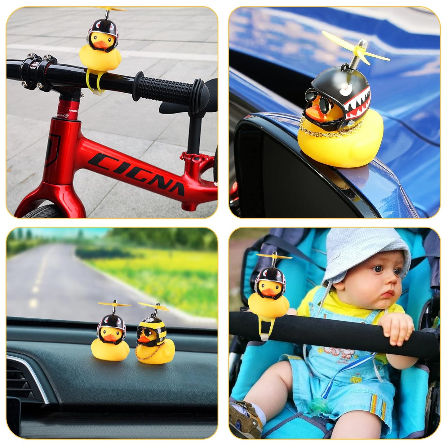 2 Pack Rubber Duck Car Ornaments, Yellow Duck Car Dashboard Decorations Squeeze Duck Bicycle Horns with Propeller Helmet,Bandage and Gold Chain